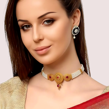 Handcrafted Brass Alloy Royal Ruby Pearl Choker Necklace
